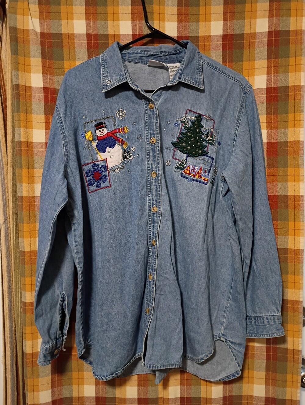 Vintage Bobbie Brooks Denim Button Down Shirt Christmas Snowman 18/20 1XL